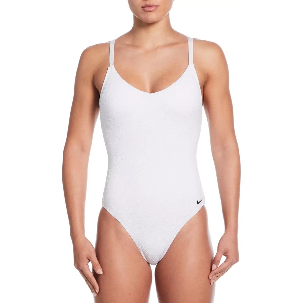 Nike Women'S‎ V-Neck Jacquard One-Piece Swimsuit White Size L MSRP $90